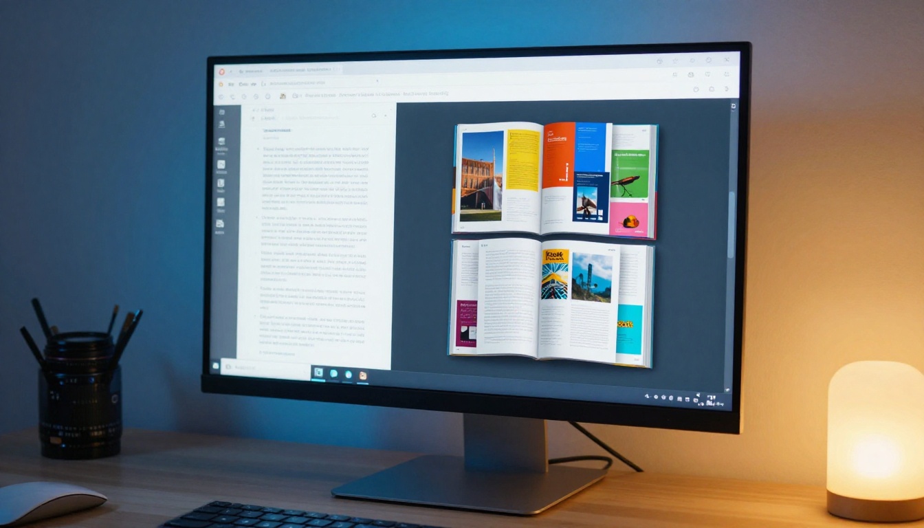 Desktop monitor showing split-screen with PDF document on left and flipbook preview on right with amber lamp accent