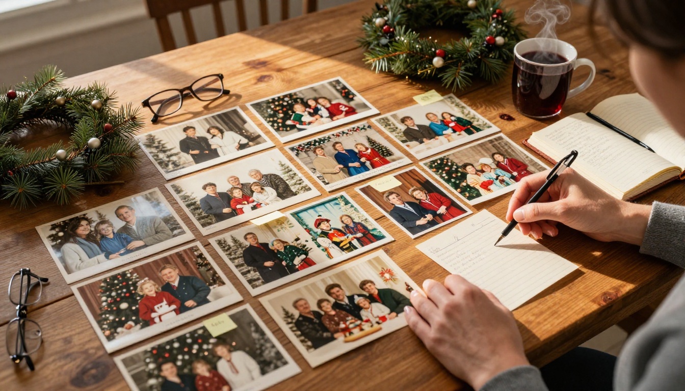 Organizing Christmas photos on a table