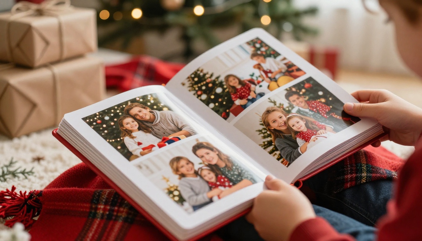 Children's hands turning the pages of a Christmas memory flipbook