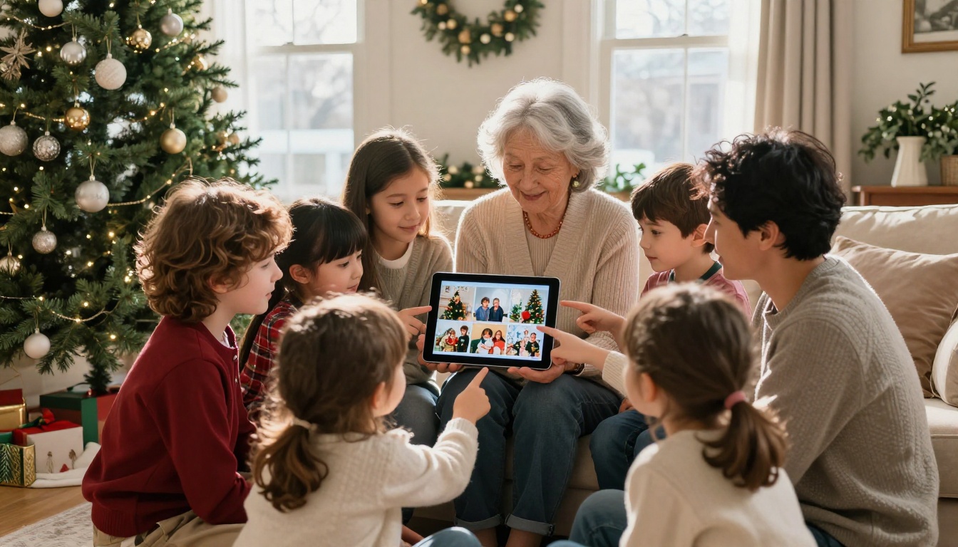 Multigenerational family sharing a digital Christmas flipbook on a tablet