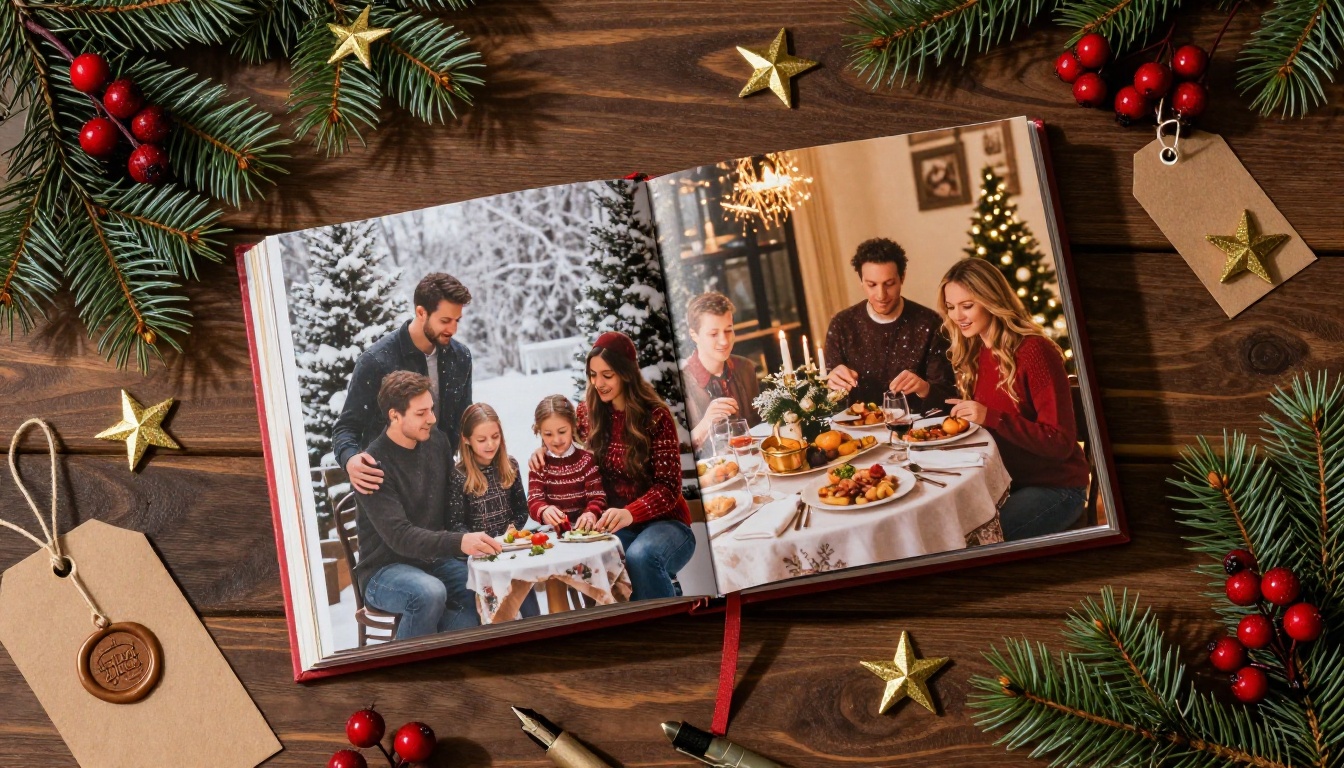 A beautifully designed Christmas memory flipbook open on a walnut wood surface