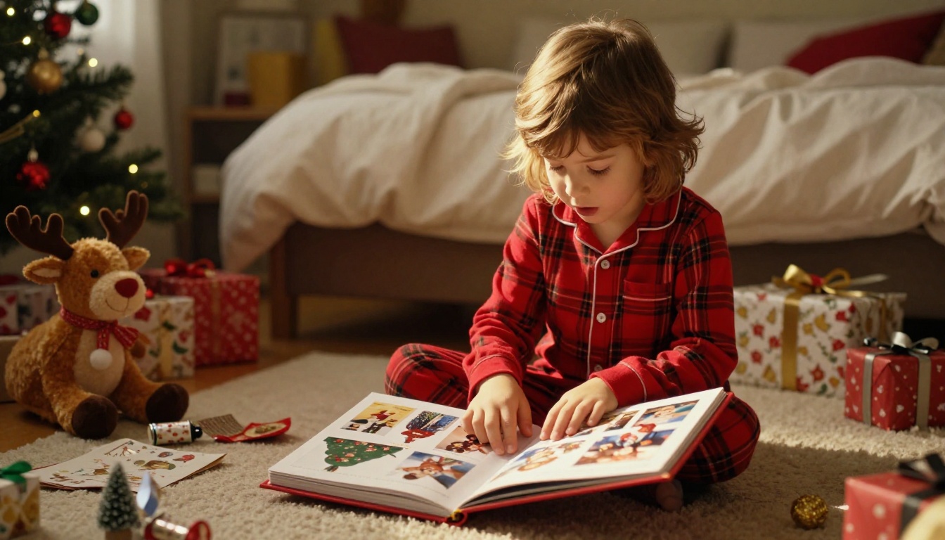 A child in red plaid pajamas flipping through a Christmas memory book
