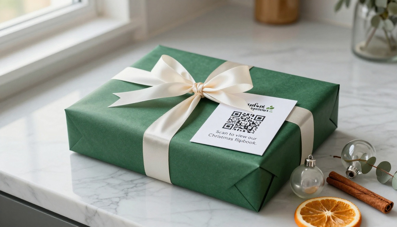 An elegant Christmas gift box with a QR code card linking to a digital flipbook