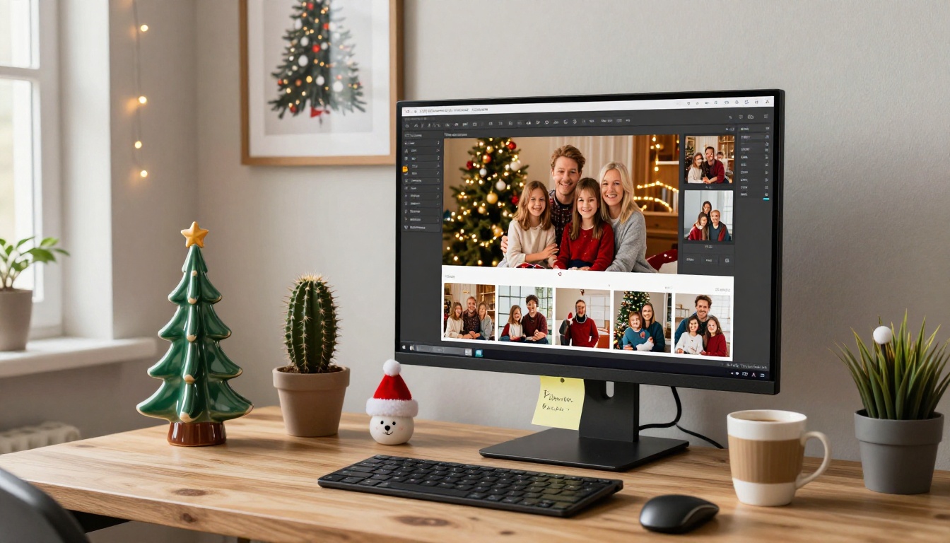 A home office desk with a monitor displaying a digital flipbook editor showing Christmas photos