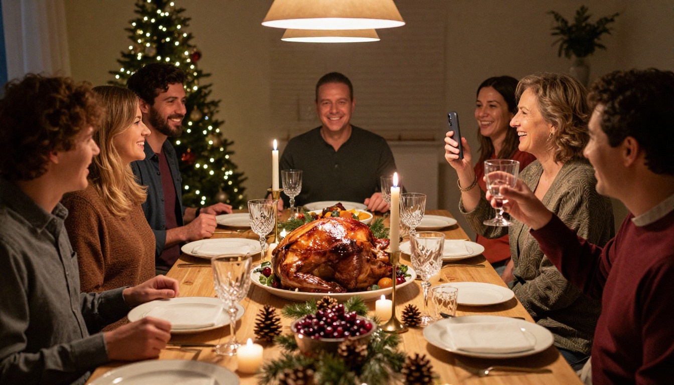 A family celebrating at a beautifully set Christmas dinner table