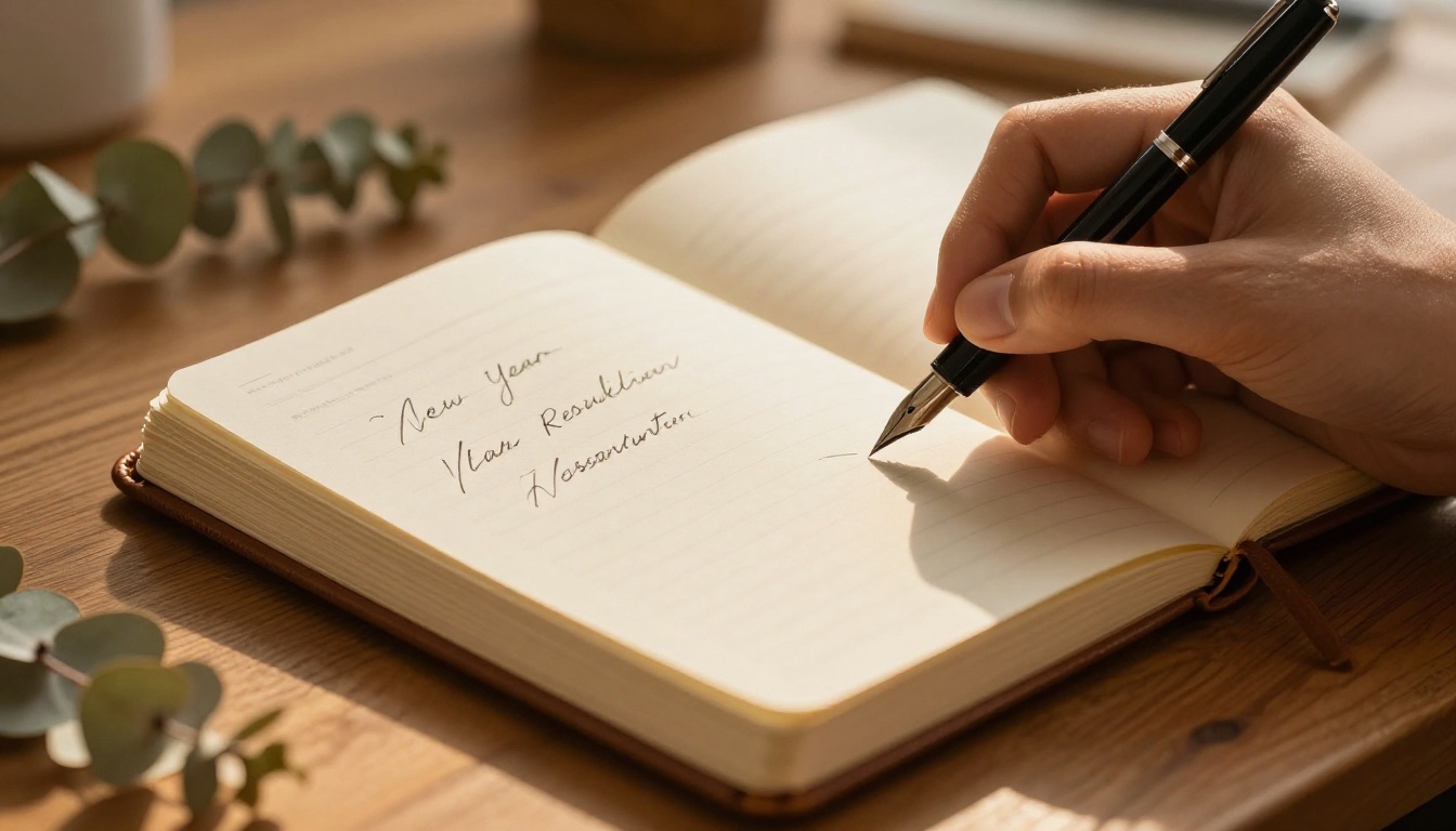 Hands writing new year resolutions in a cream journal with a fountain pen and warm golden light