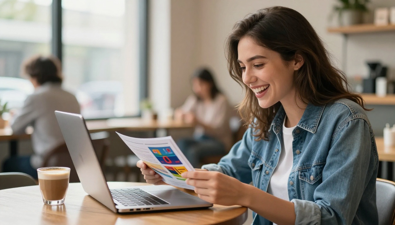 Young woman smiling as she reviews a digital flipbook on her laptop at a bright coffee shop