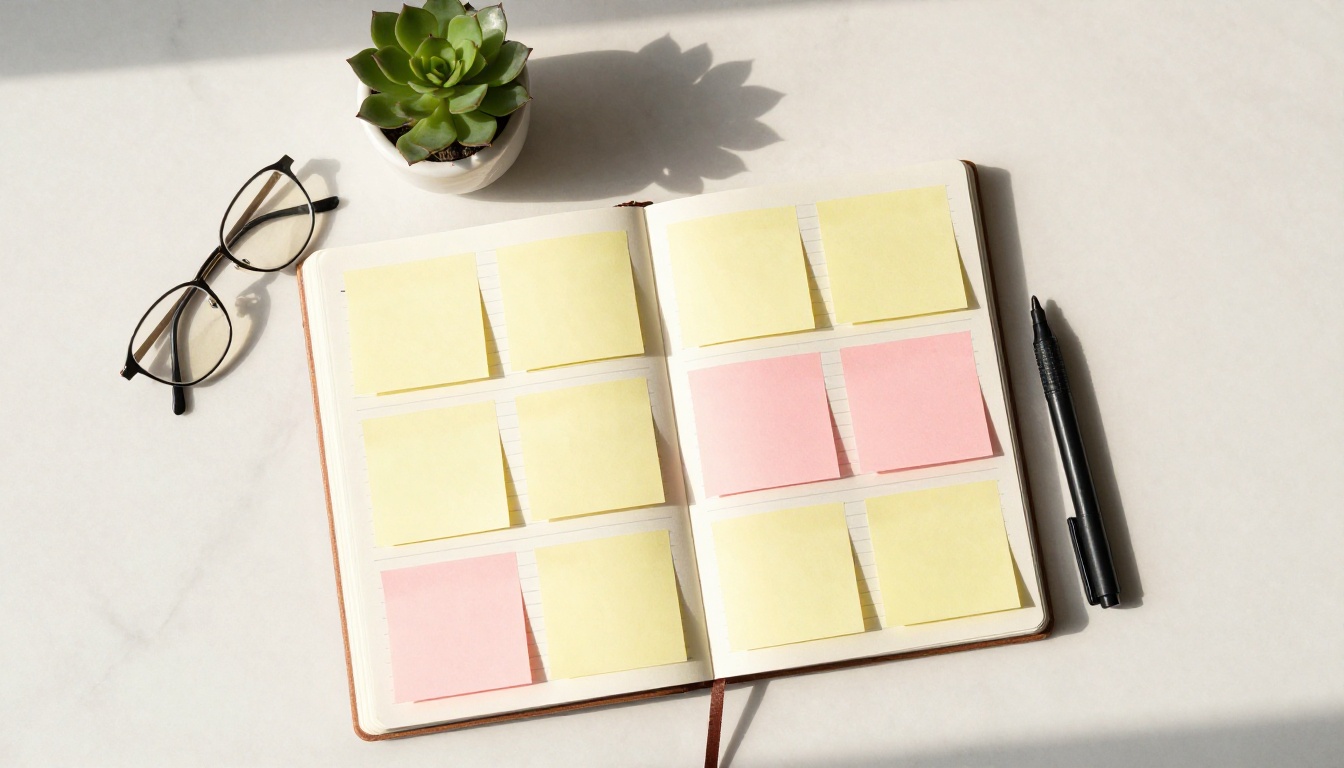 Aerial flat-lay of an organized goal planner on marble surface with pastel sticky notes and a succulent