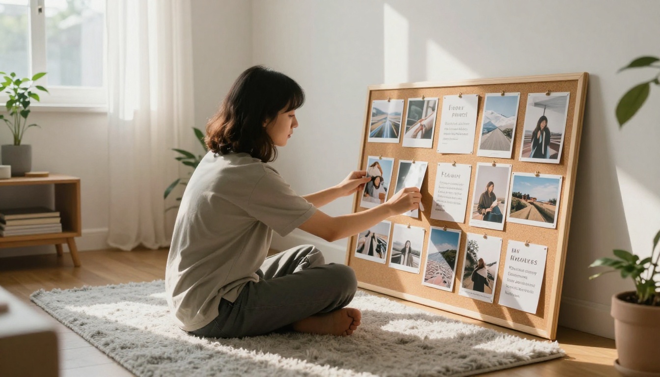 Person creating a vision board with printed photos and goal cards in a bright airy living room