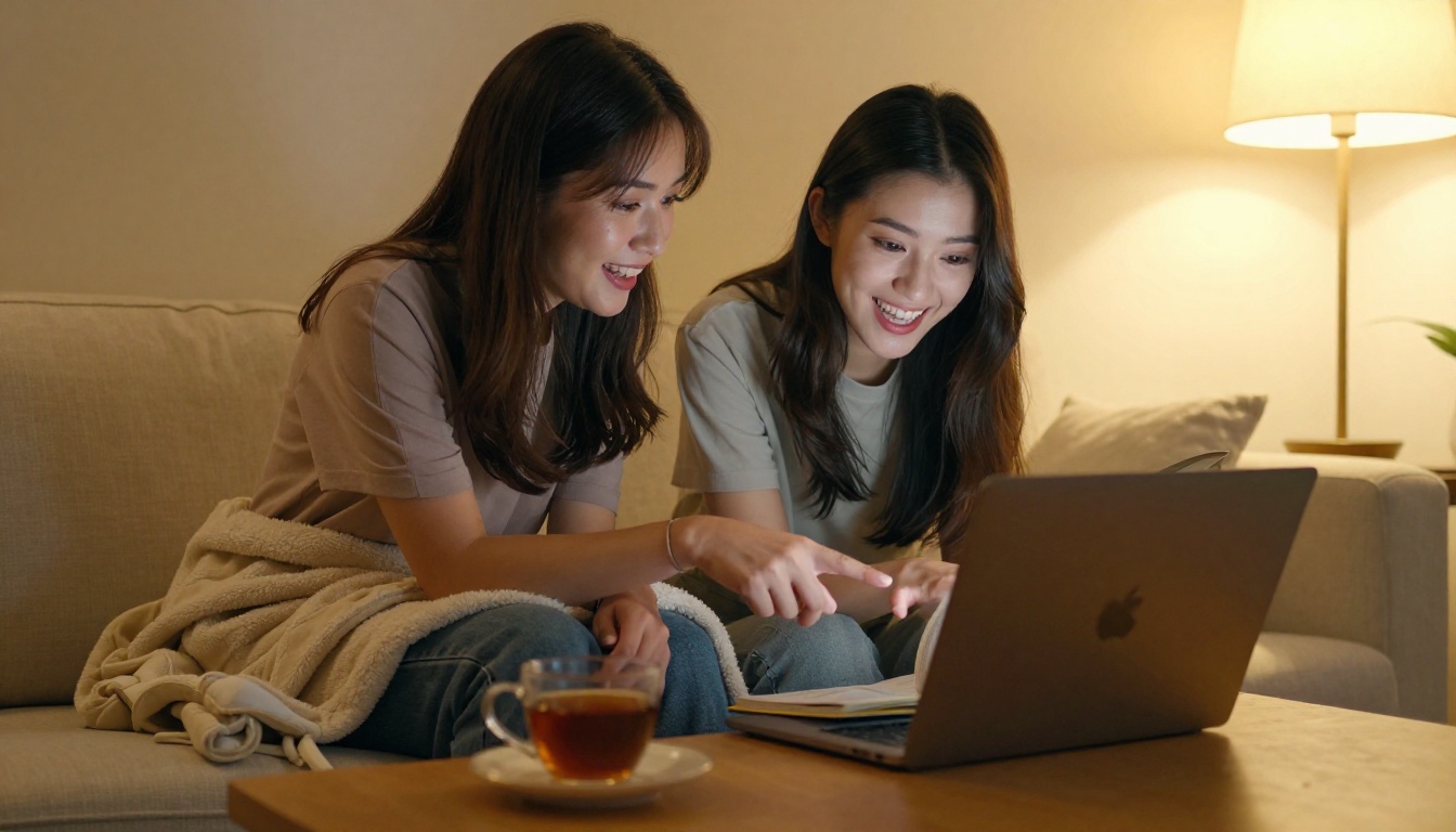 Two young women on a cozy sofa sharing and reviewing a resolution flipbook together on a laptop