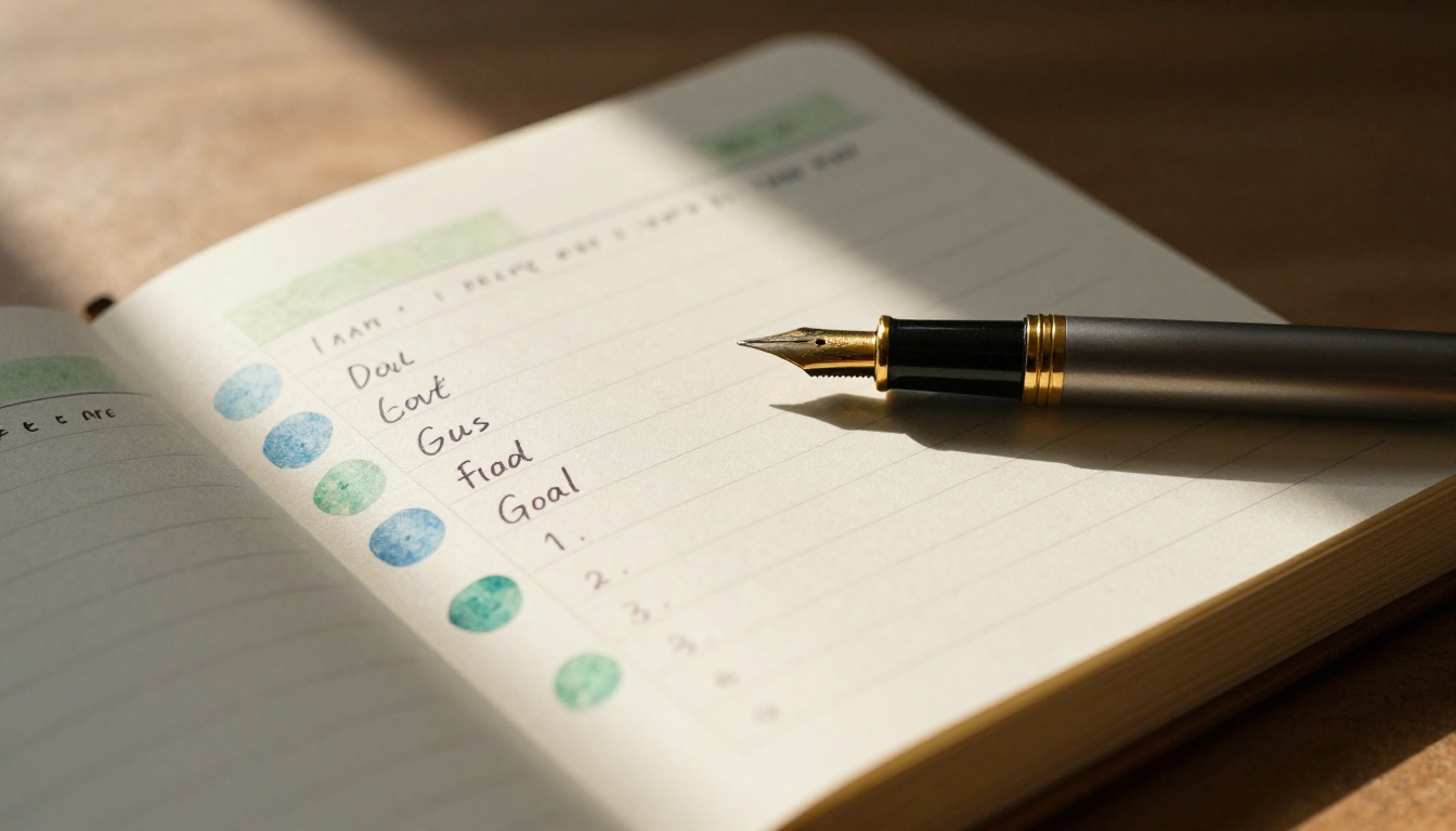 Close-up of beautifully organized personal goal categories in neat handwriting on cream journal pages with watercolor dividers