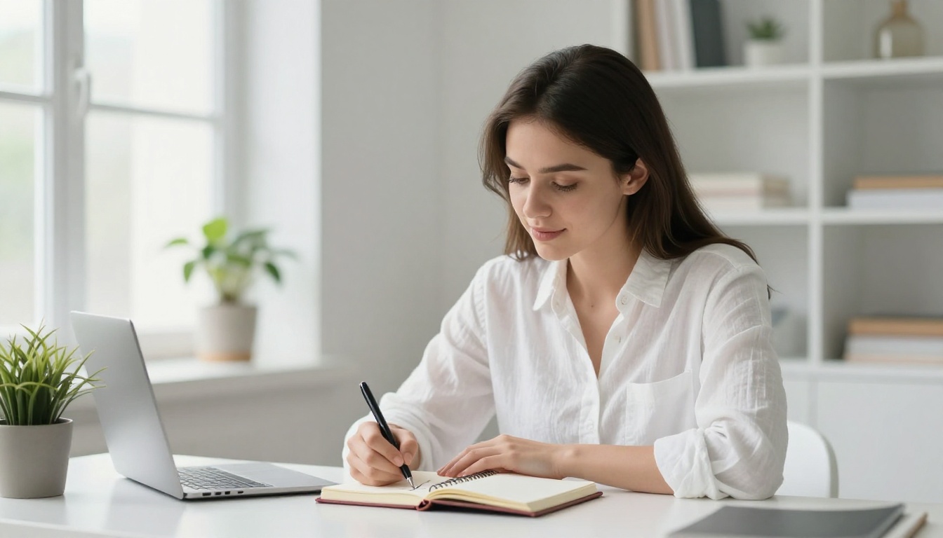 Young woman in a white linen shirt marking a completed checkbox in her resolution journal with genuine satisfaction