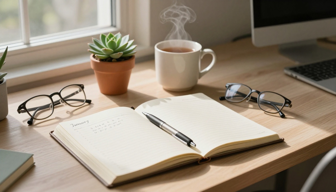 Organized home office desk with open planner, steaming mug of tea, and a succulent in soft January morning light