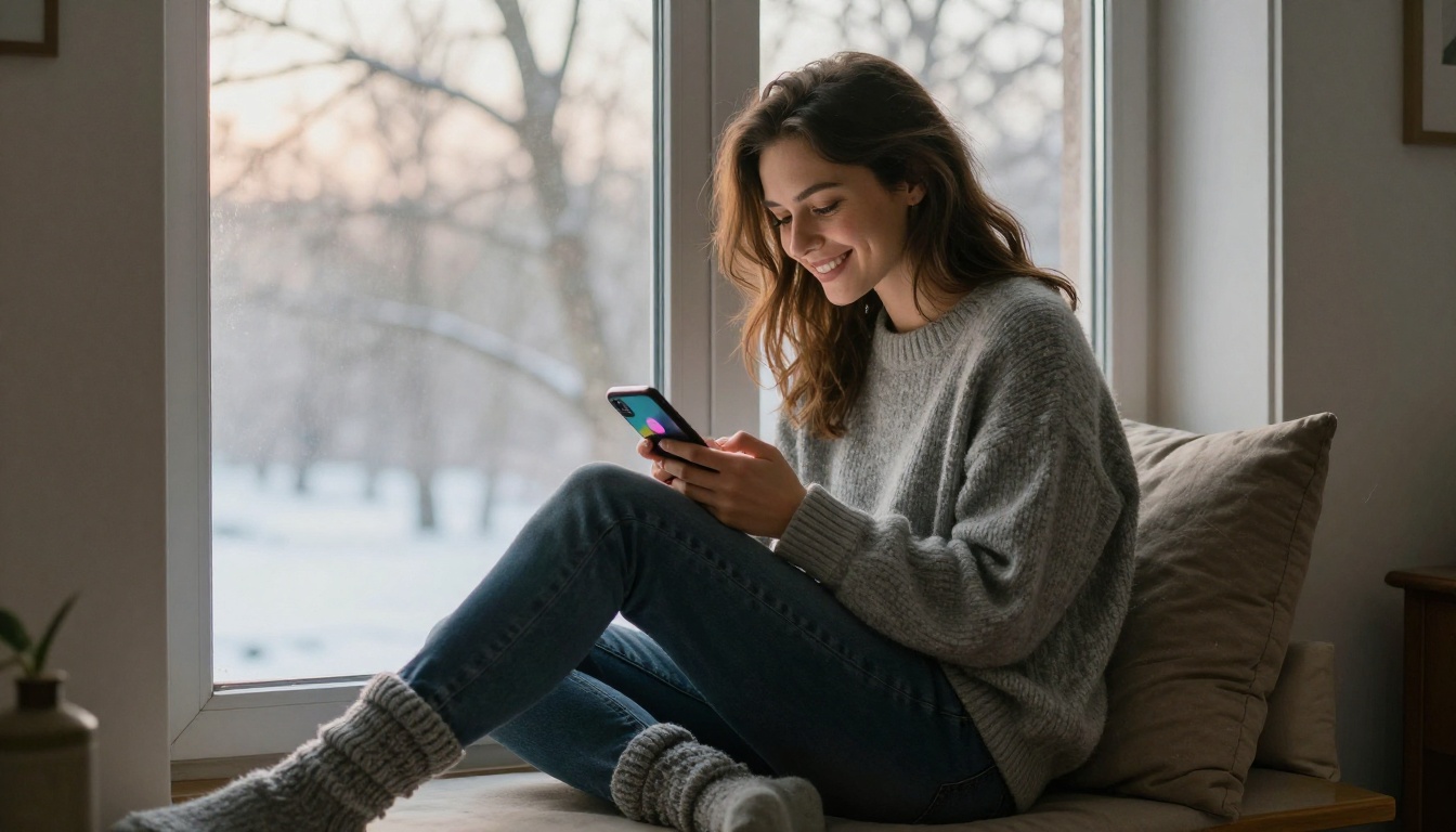 Woman on a window bench seat smiling while scrolling through her digital resolution flipbook on her phone on a quiet winter morning