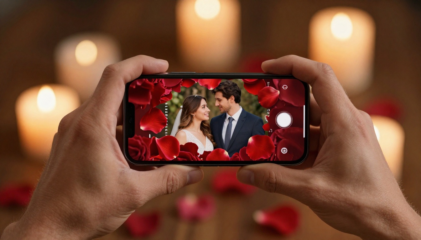 Hands holding phone showing a romantic Valentine's Day flipbook