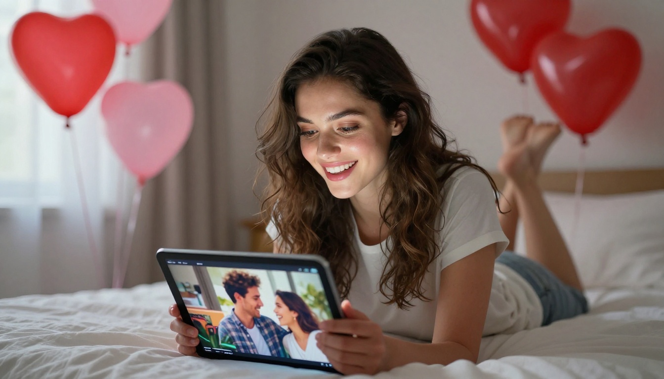 Woman on bed smiling at Valentine's Day flipbook on tablet