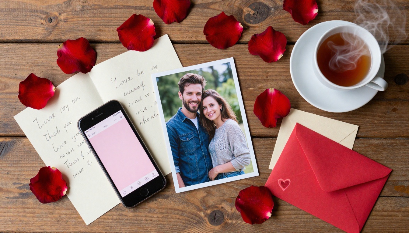 Flat lay of rose petals, photos, and Valentine's flipbook on phone