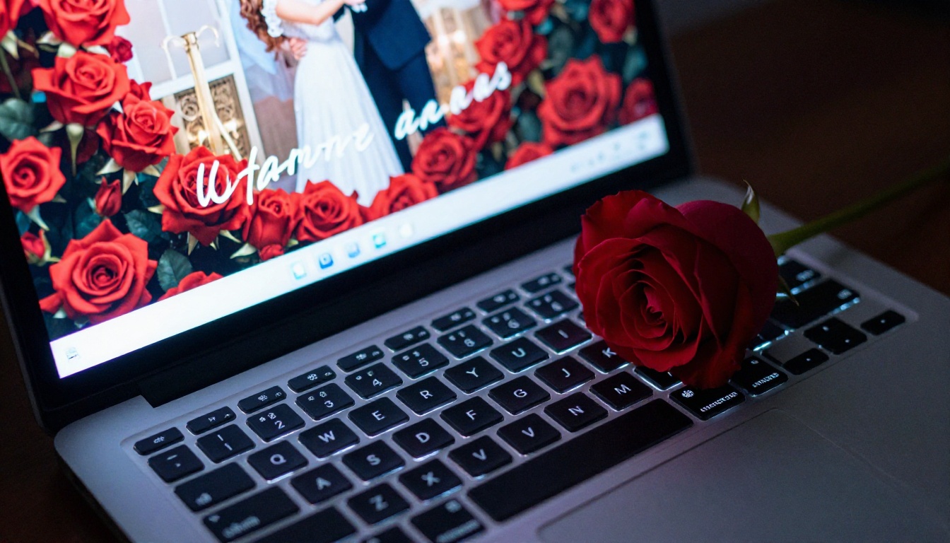 Laptop screen displaying a romantic digital flipbook for Valentine's Day