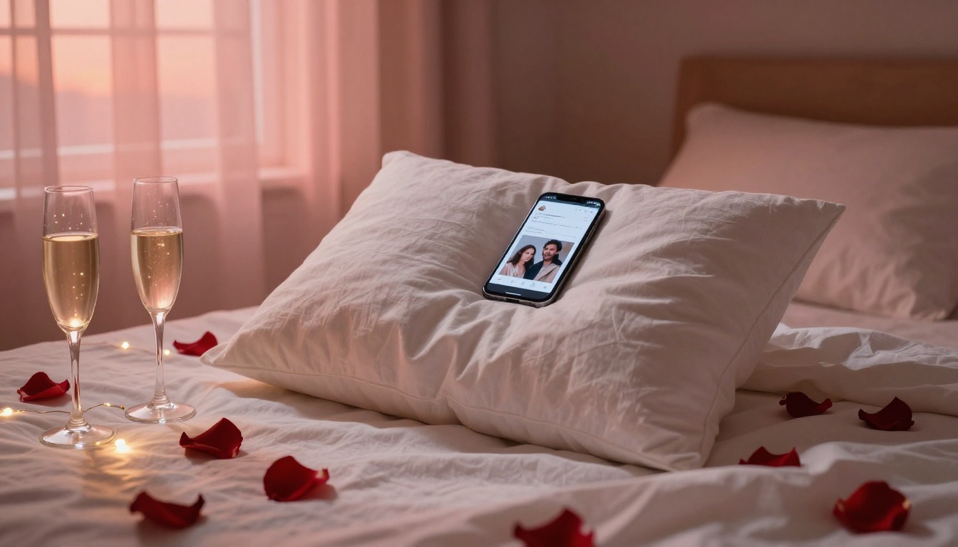 Romantic bedroom with Valentine's flipbook glowing on phone among rose petals