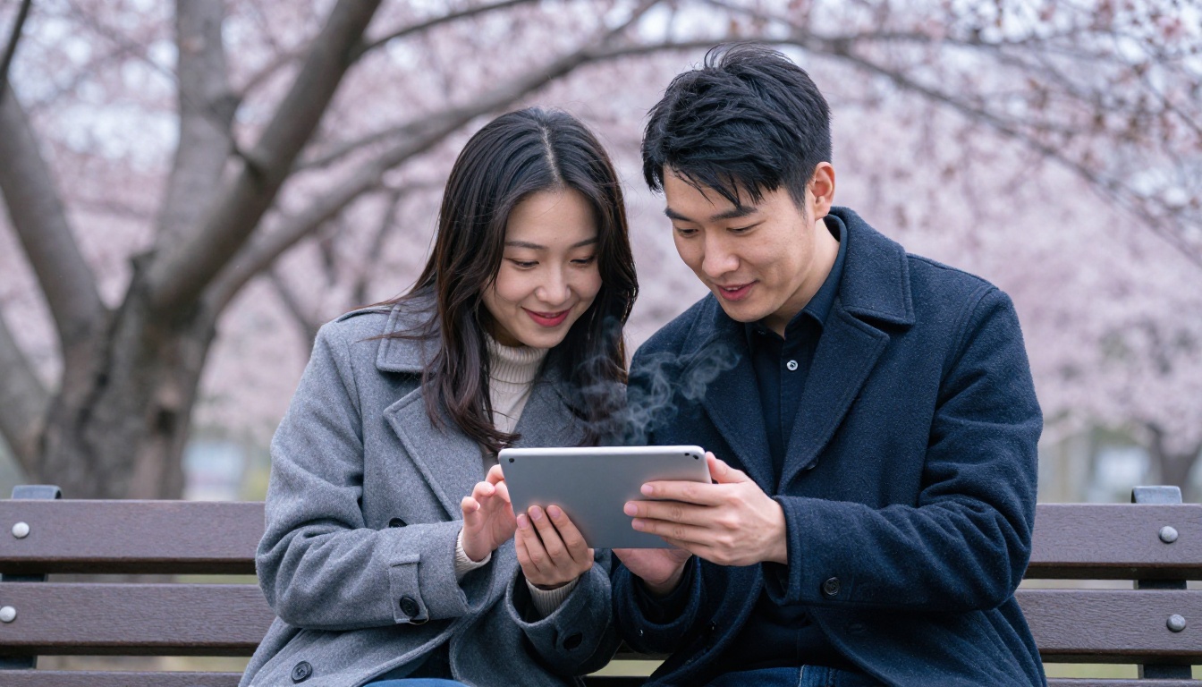 Couple on park bench sharing Valentine's Day flipbook together on tablet