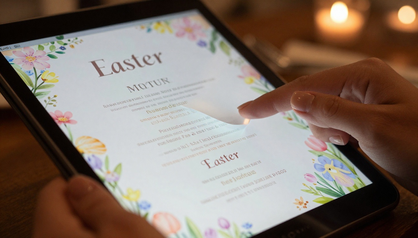 Tablet showing a digital flipbook menu page turning Tablet showing a digital flipbook menu page turning