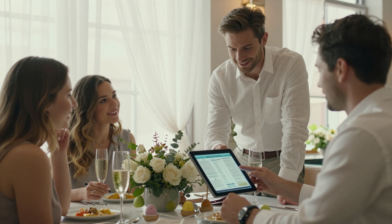 Restaurant host showing guests a digital flipbook menu Restaurant host showing guests a digital flipbook menu