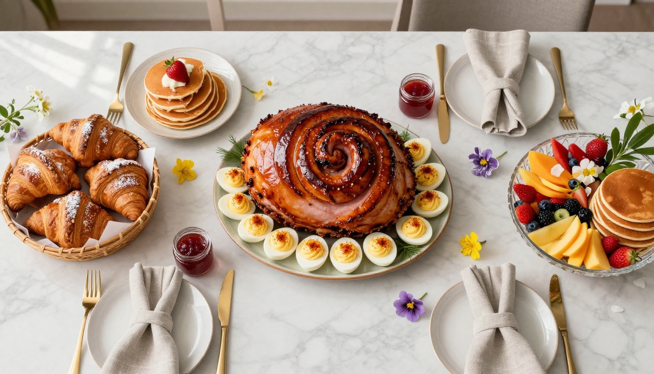 Full Easter brunch spread from above Full Easter brunch spread from above