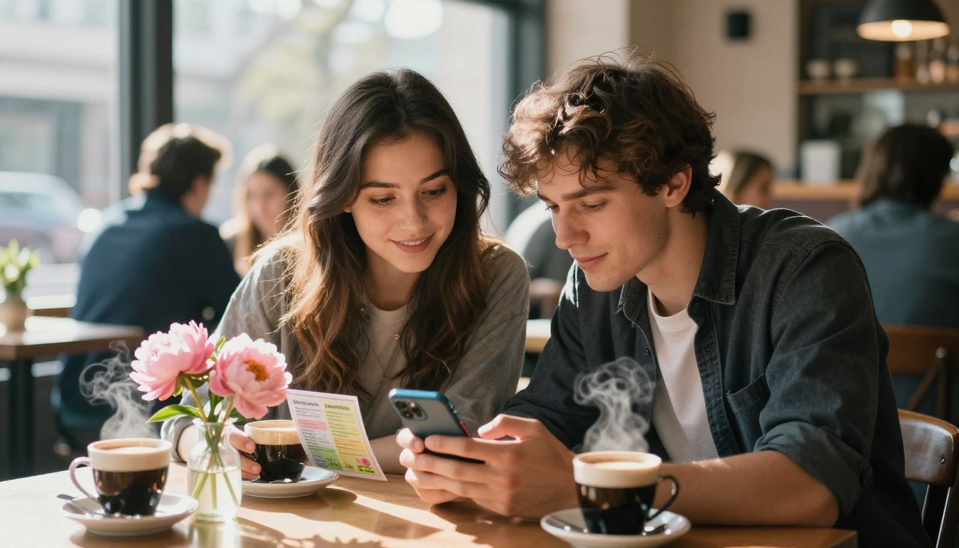 Couple reviewing digital menu at Easter brunch table Couple reviewing digital menu at Easter brunch table