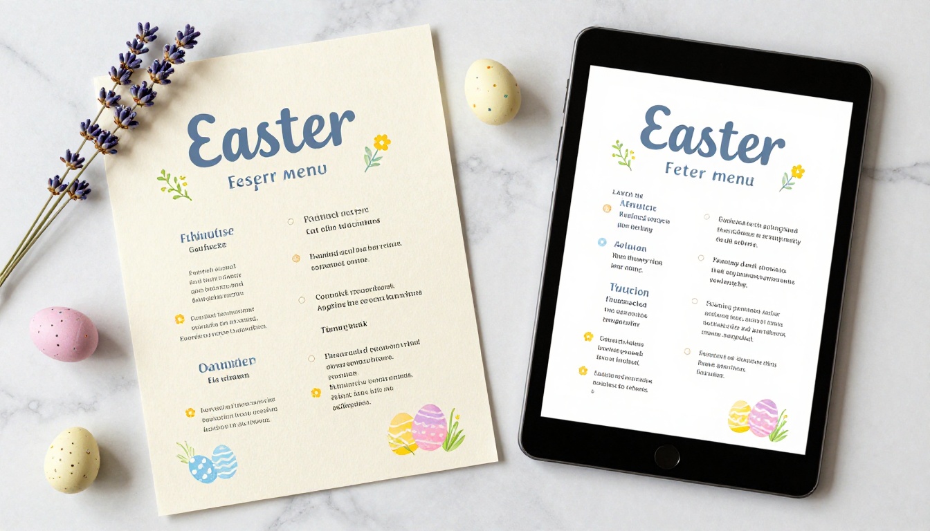 Printed menu beside digital tablet flipbook comparison