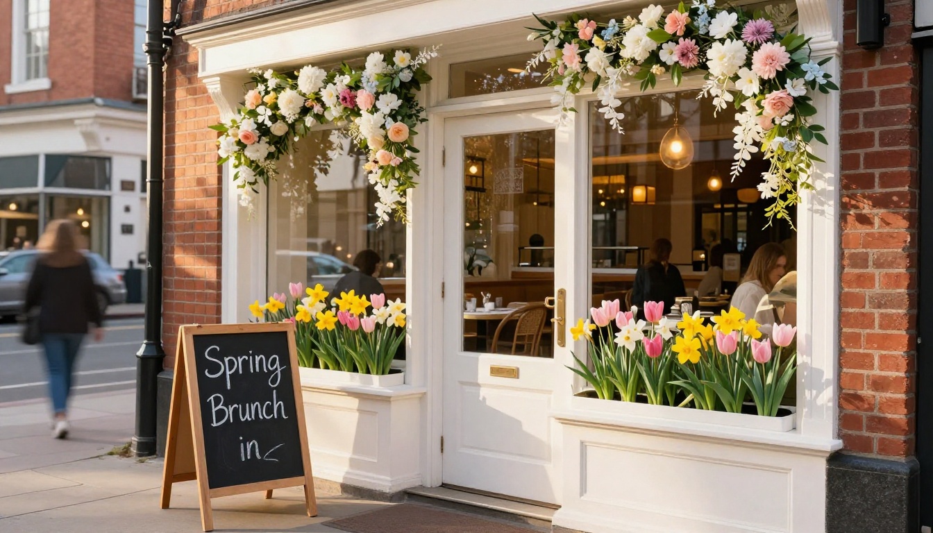 Upscale restaurant exterior decorated for Easter