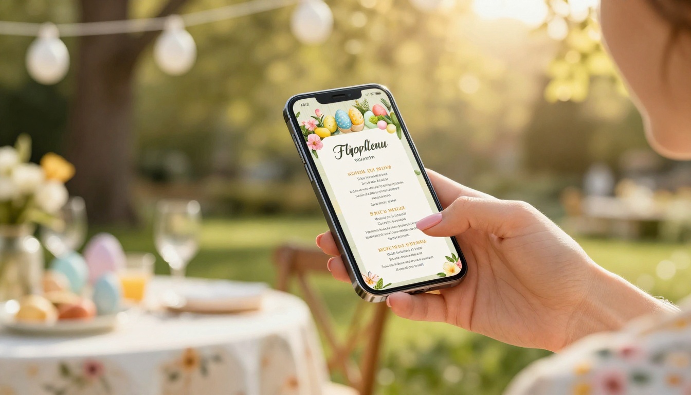Woman's hand holding smartphone with Easter flipbook menu