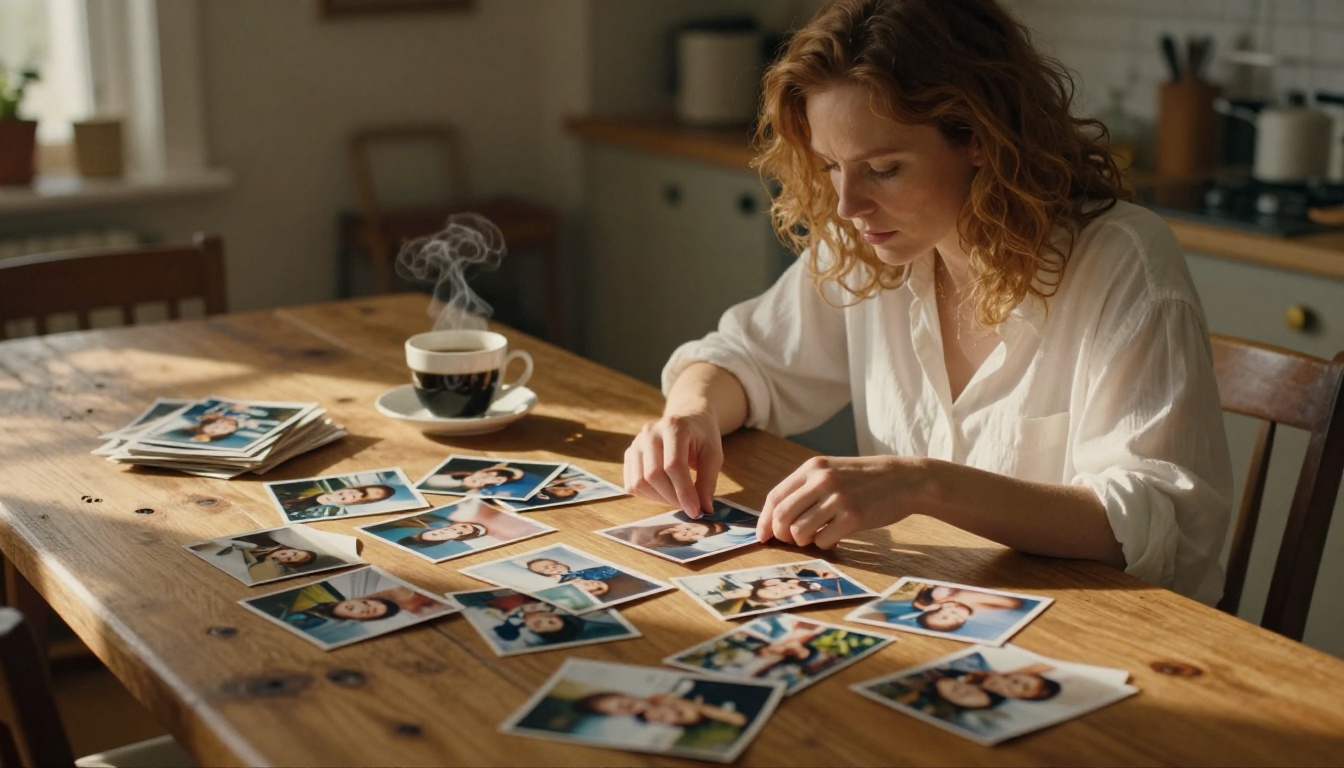 Woman carefully sorting through printed family photographs at a rustic wooden table