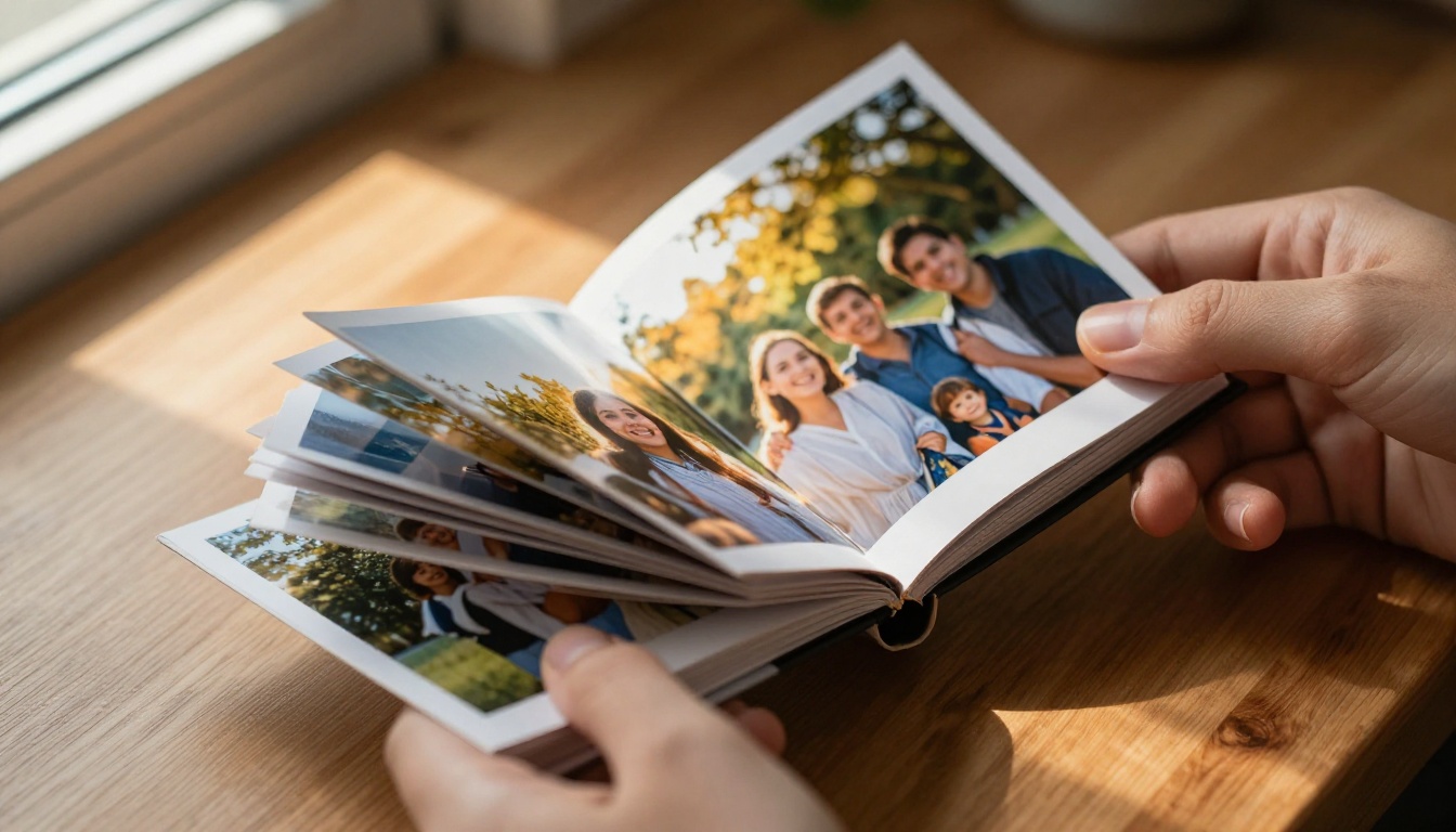 Close-up of feminine hands gently turning glossy pages of a photo flipbook