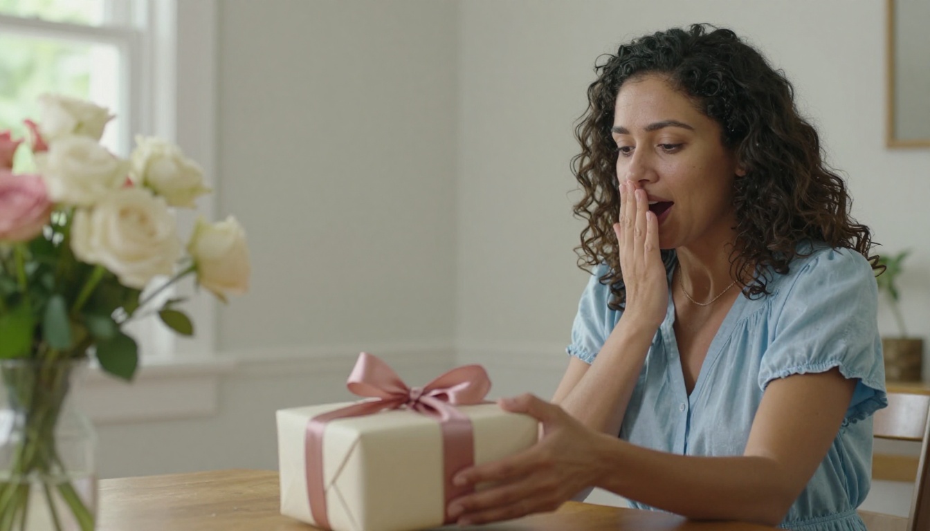 Young woman handing a beautifully wrapped gift in dusty rose ribbon to her mother, who reaches out with an expression of surprised delight Young woman handing a beautifully wrapped gift in dusty rose ribbon to her mother, who reaches out with an expression of surprised delight