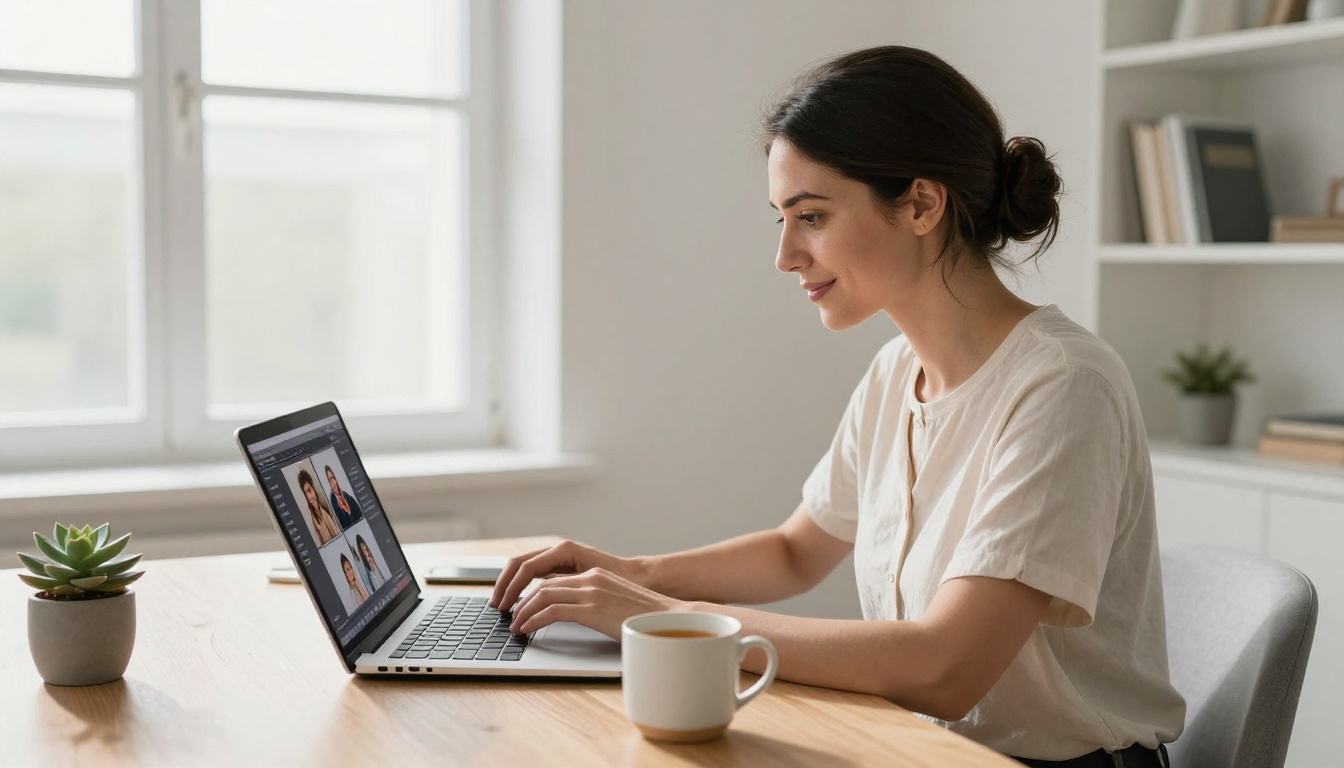 Woman working on a laptop designing a photo layout for a flipbook