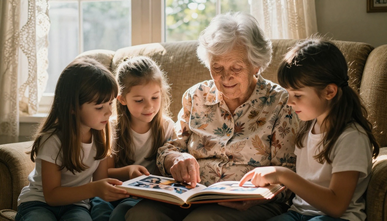Elderly grandmother and two grandchildren sitting together by a sunny window looking at a photo flipbook