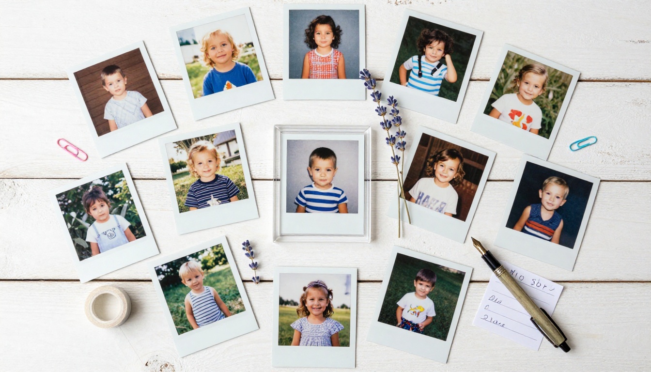 Aerial flat-lay of a curated collection of childhood photographs and polaroids arranged artfully on a white wood table