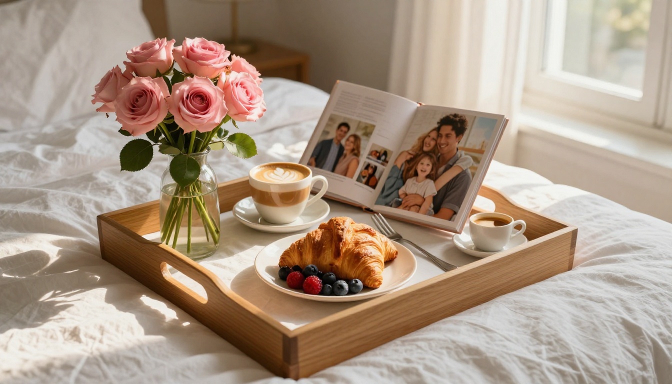 Mother's Day morning breakfast tray on white linen with pink roses, coffee, and a photo flipbook gift Mother's Day morning breakfast tray on white linen with pink roses, coffee, and a photo flipbook gift