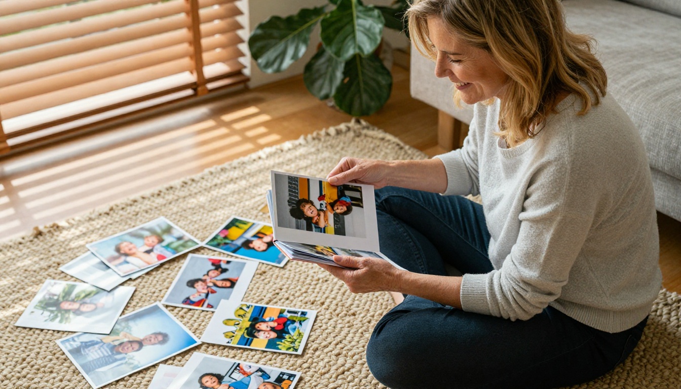 Mother sitting cross-legged on a living room rug surrounded by printed photographs, smiling warmly while holding one photo up Mother sitting cross-legged on a living room rug surrounded by printed photographs, smiling warmly while holding one photo up