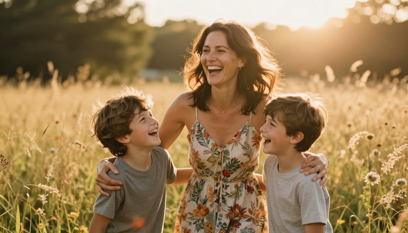 Candid outdoor family portrait of a mother and two children laughing together in a golden-hour sun-drenched meadow Candid outdoor family portrait of a mother and two children laughing together in a golden-hour sun-drenched meadow