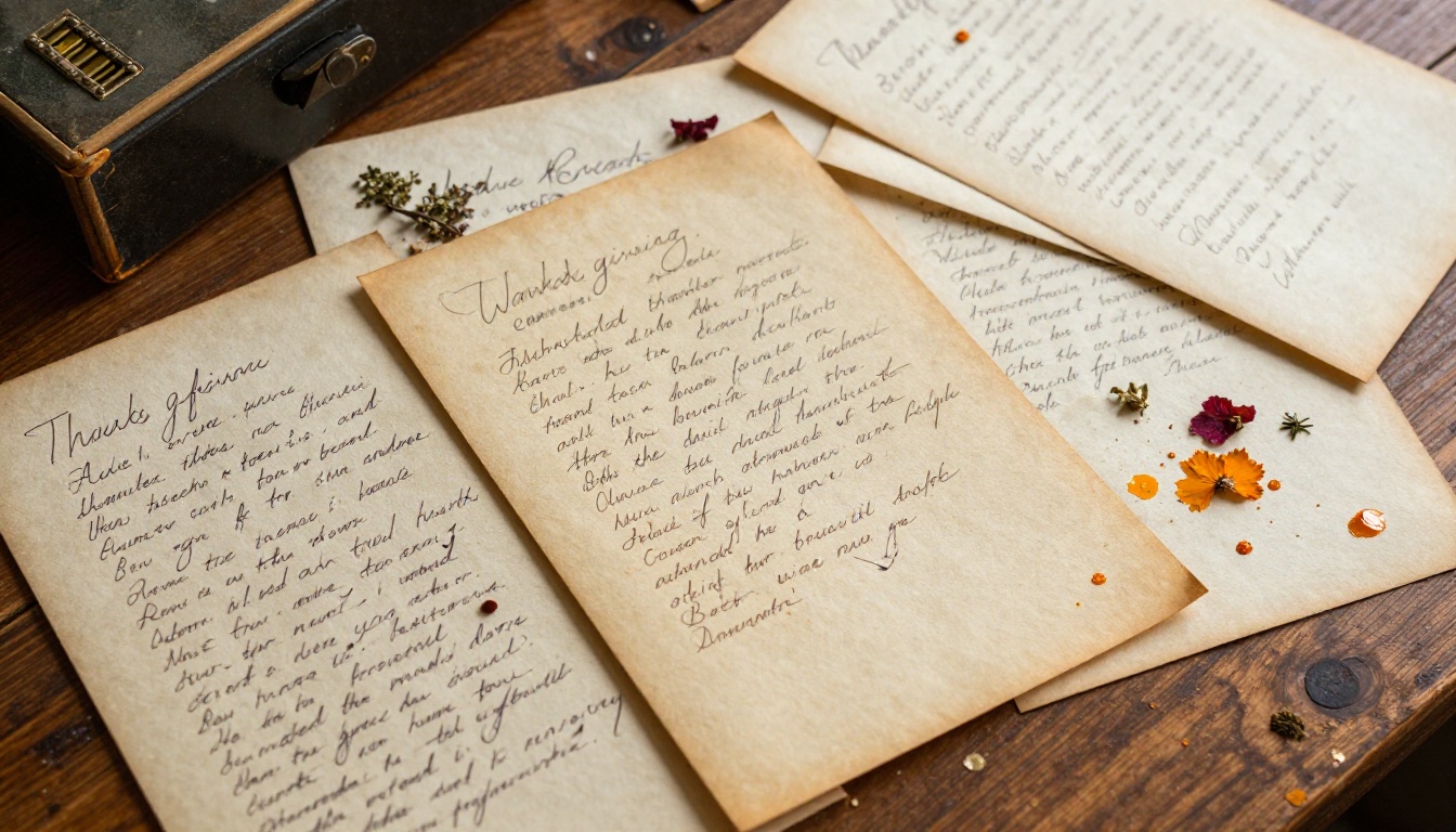 Handwritten Thanksgiving recipe cards spread across a rustic wooden table with pressed herbs and vintage recipe box