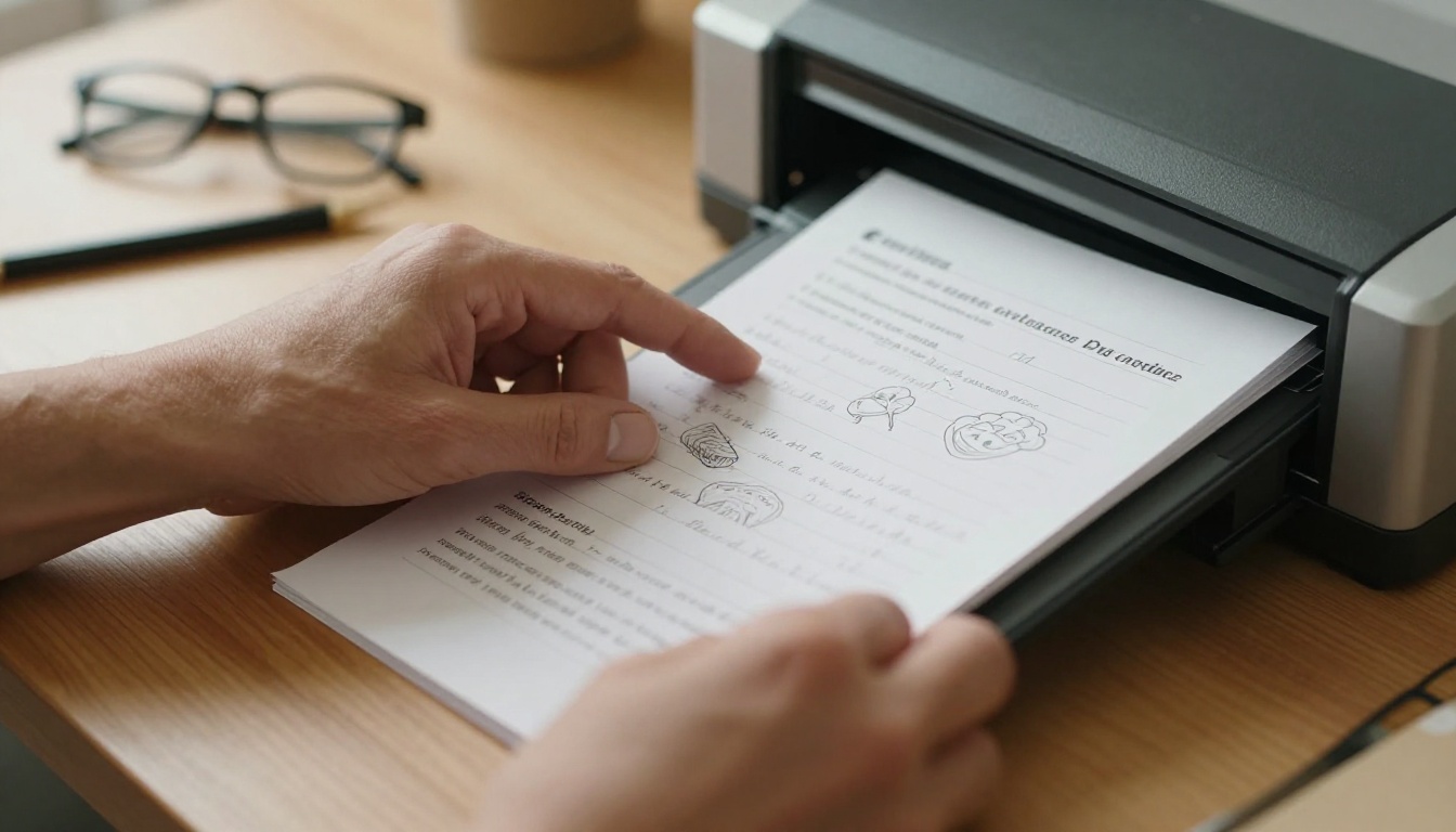 A person's hands carefully scanning a handwritten pie recipe with hand-drawn illustrations on a flatbed scanner