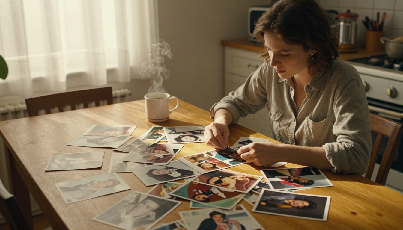 A woman carefully sorting through decades of family photographs at a warm kitchen table