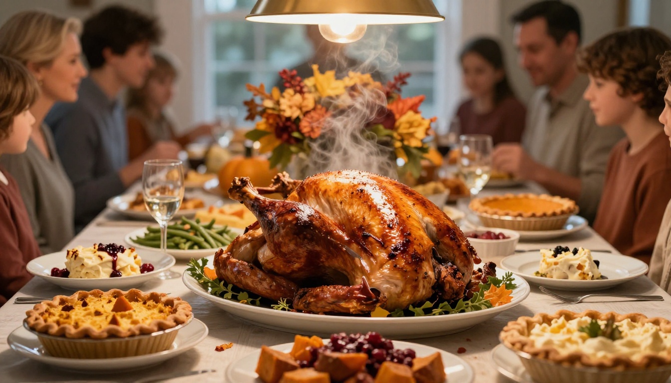 Classic Thanksgiving feast spread on a long harvest table with roasted turkey centerpiece and autumn flower arrangement