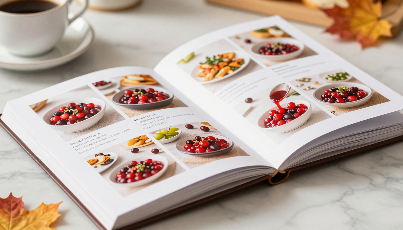 Open recipe flipbook on a kitchen counter showing cranberry sauce recipe with pages mid-flip and paper curl detail