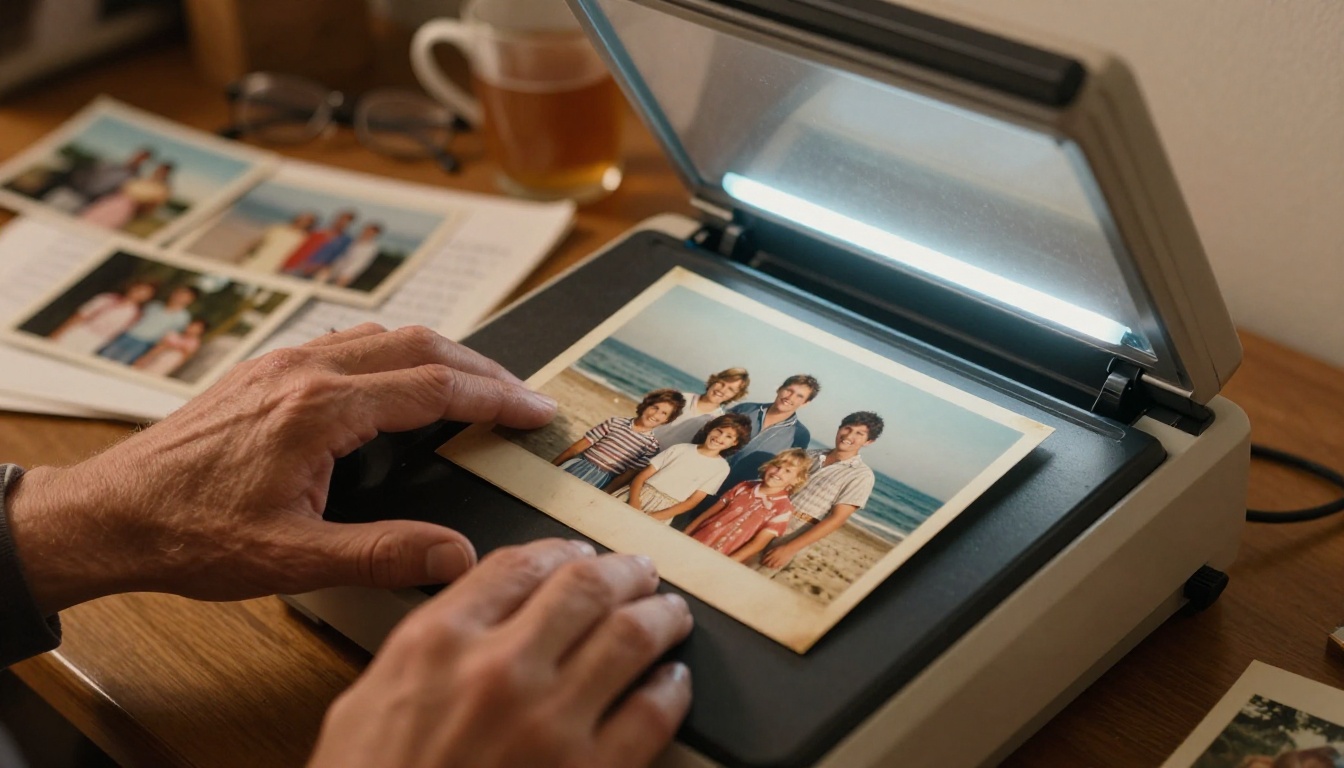 Weathered hands placing an old family photograph onto a flatbed scanner with a soft blue glow