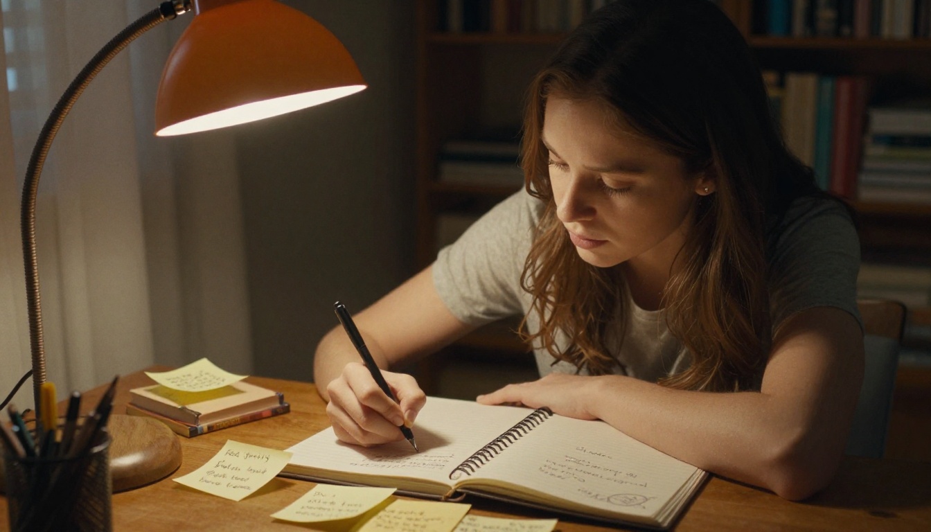 A person writing heartfelt captions by hand in a journal under warm lamplight