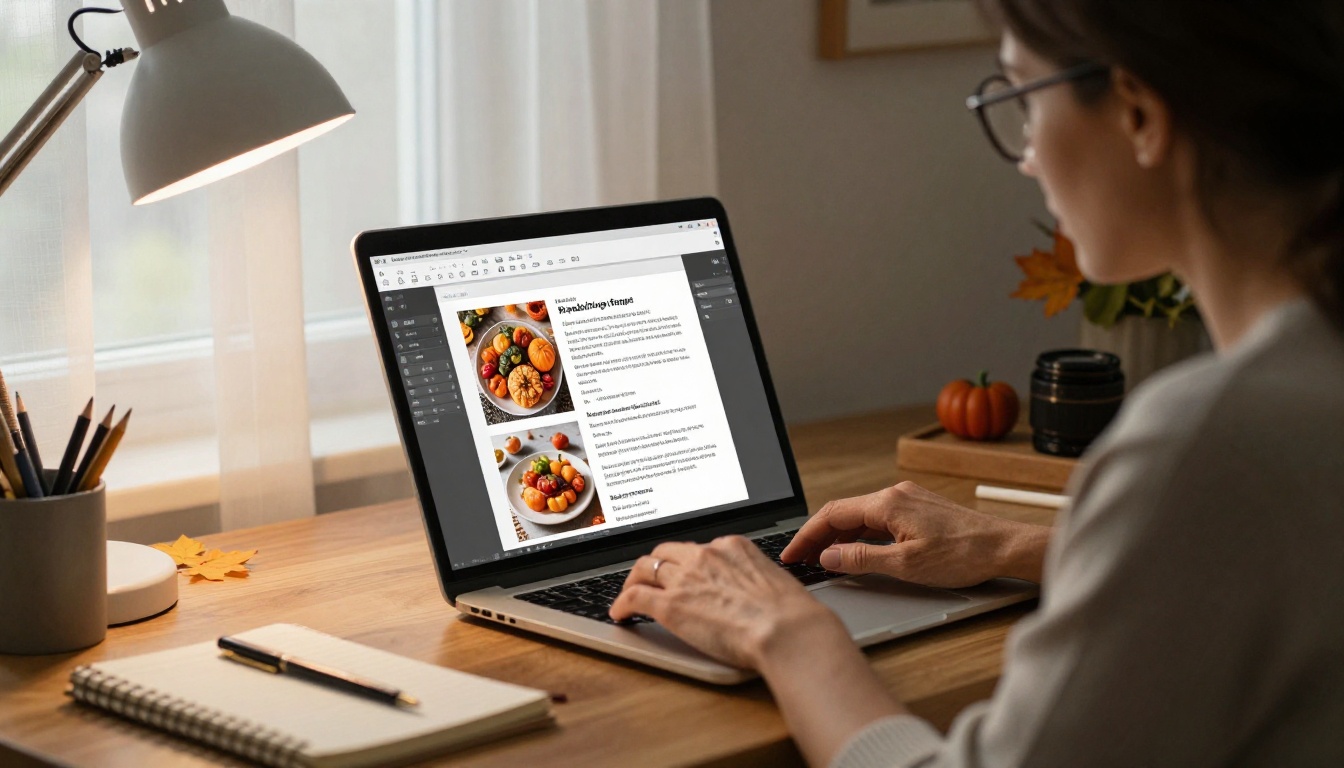 A woman in her 40s designing a recipe book PDF layout on a laptop in a cozy home office with autumn decorations