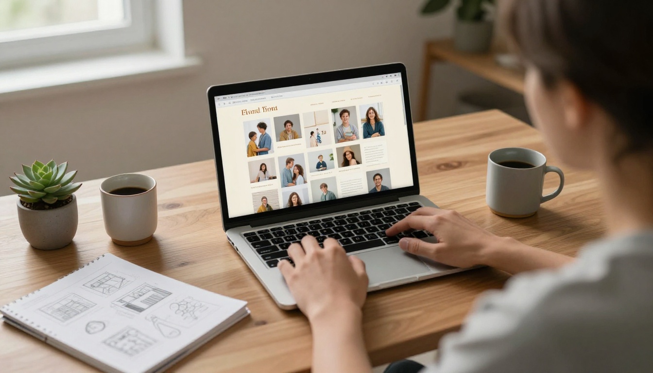 A person designing their flipbook layout on a laptop at a warm, minimal wooden desk