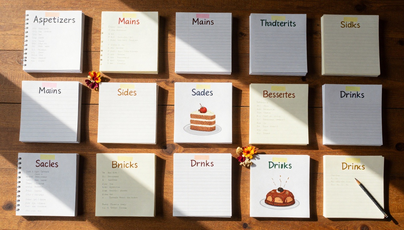 Aerial overhead view of a complete Thanksgiving recipe collection organized by category with sticky note labels on a wooden table